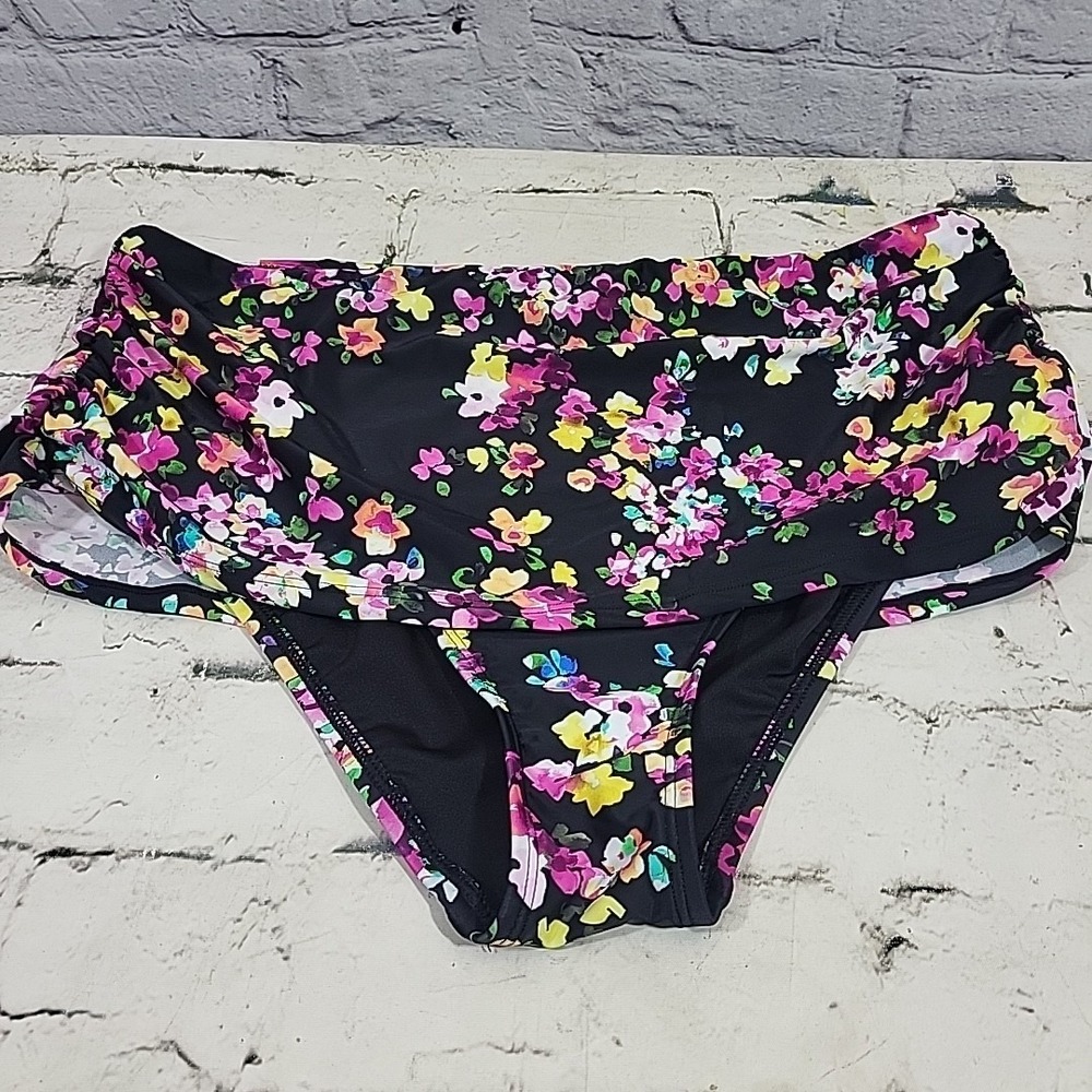 Lands End Bikini Bottoms Womens Sz L High-Waisted Skirted Shirred Floral NWOT